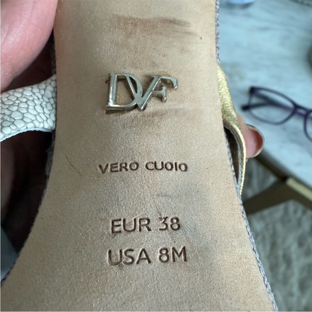 Diane Von Furstenberg Gold and Cream Strappy Heels PVC Heel - Picture 4 of 7